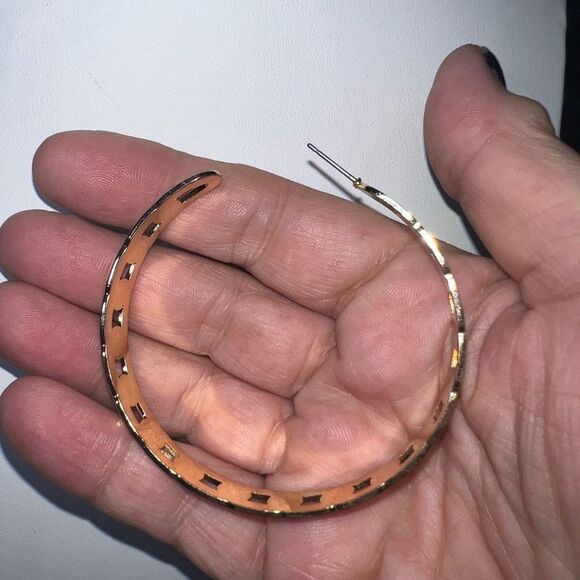 Gold Tone Large “Filmstrip” Cut Hoop Earrings - Picture 3 of 7